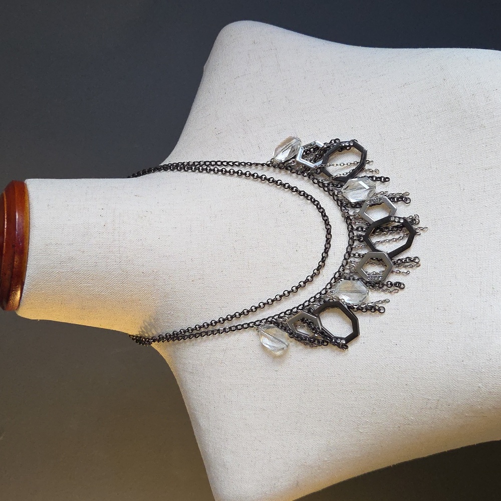 Double Chain Statement Necklace Clear, Black, Silver Details And Faux Crystals